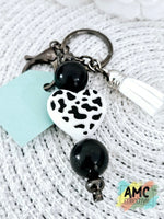 Cowprint Heart Beaded Keychain